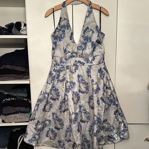 Metallic Blue Floral Halter Dress